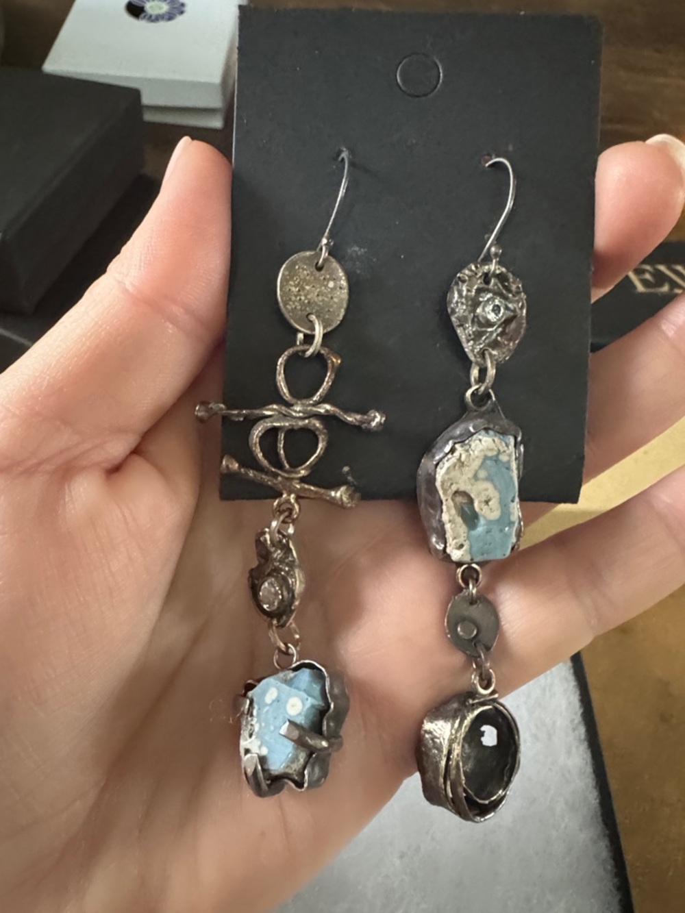 Handcrafted Silver Tone Asymmetrical Leland Blue Stone Drop Earrings